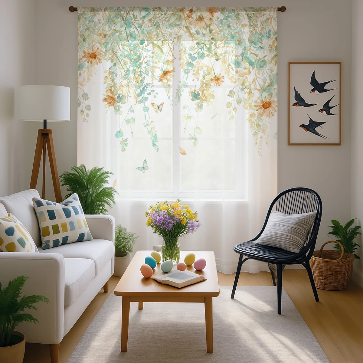 

1 шт. Прозрачная занавеска с эвкалиптовой лозой и бабочками - Акварельный узор из листьев для оконных штор, для свежего домашнего декора