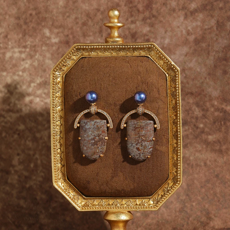 Women Vintage Blue Pearl Drop Earrings Pendant Big Brown Natural Stone Jewelry Gold Color 2026 Charm Elegance Party Accessories