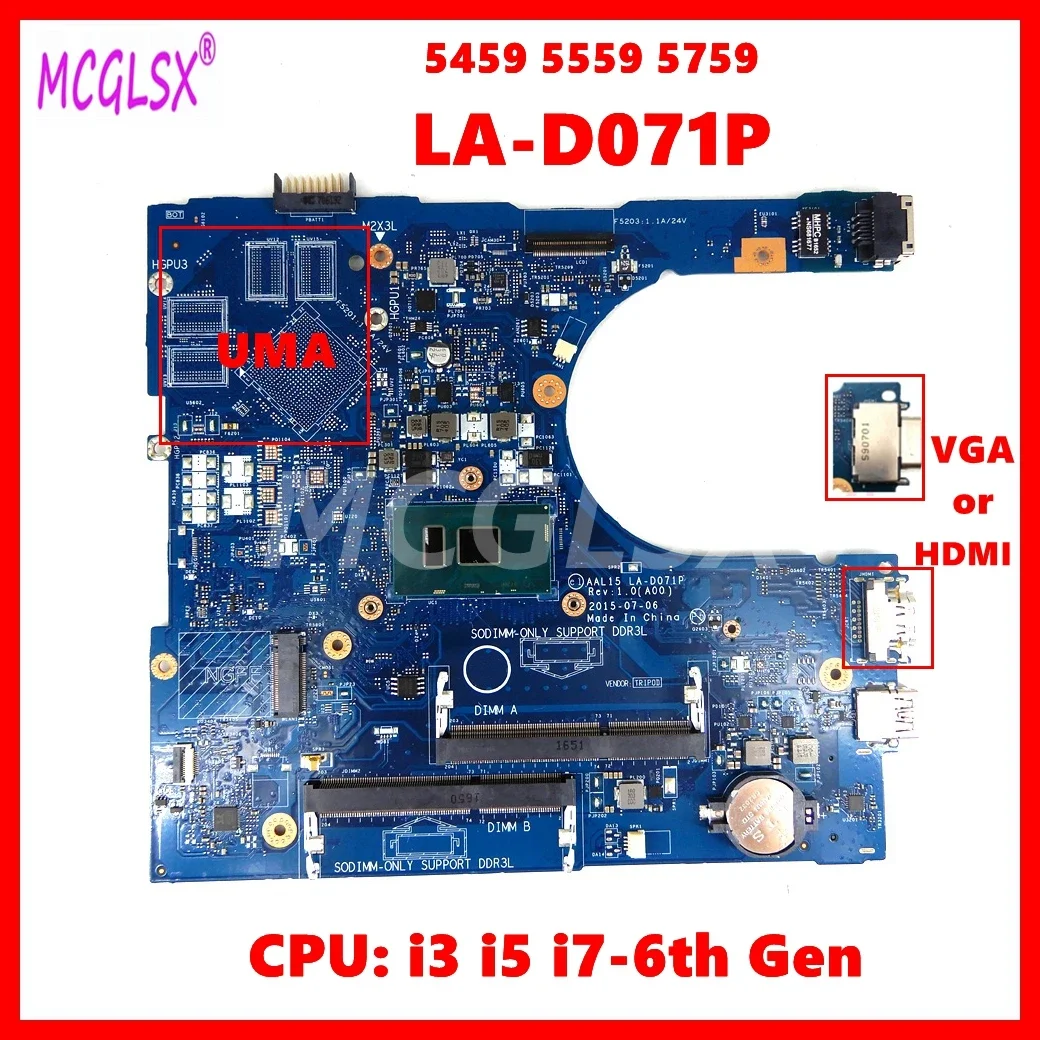 LA-D071P With i3 i5 i7-6th Gen CPU Notebook Mainboard For Dell Inspiron 5559 5759 5459 3559 Laptop Motherboard 100% Tested OK