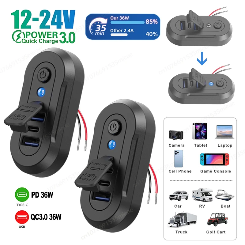 Car Charger Socket 36W PD3.0 & 18W QC3.0 Triple USB C Ports Waterproof with Indicator Light Fast Charging 12-24V Charger Adapter