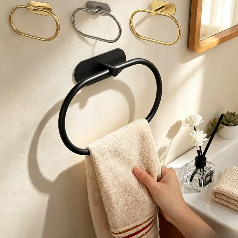 Black Stainless Steel Self-adhesive Towel Holder Rail Bar Bathroom Kitchen Towel Ring Rack Washhand Hanger Storage Accessories