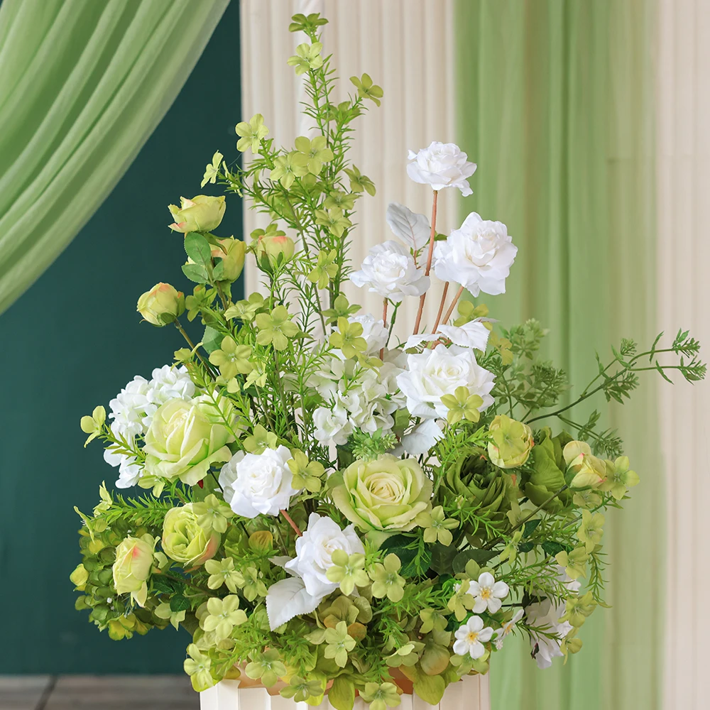 Birthday Party Decoration Artificial Light Green Roses Greens Flower Arrangement for Wedding Event Backdrop Decor Customized