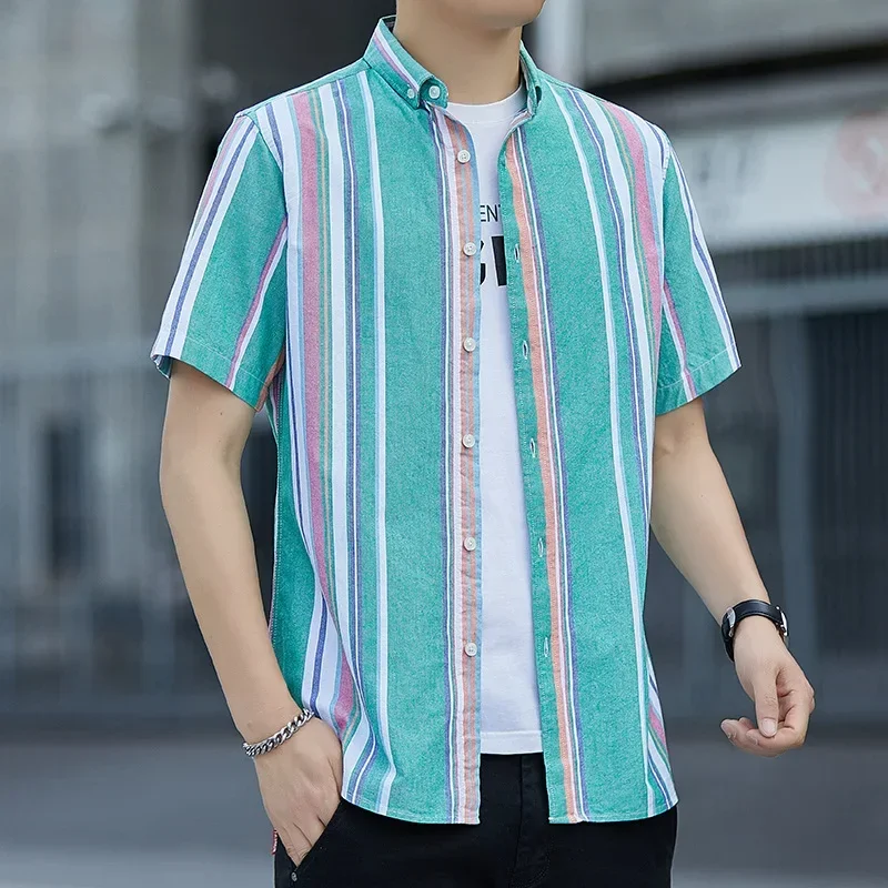 Striped Shirts Men Casual Summer Short Sleeve Shirts Slim Fit Outwear Shirts