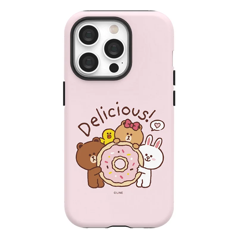 LINE FRIENDS-funda de teléfono de doble capa con dibujos animados para IPhone, carcasa brillante con dibujo de oso marrón para IPhone 16, 15, 14, 13, 12, 11 Pro Max, XS, XR