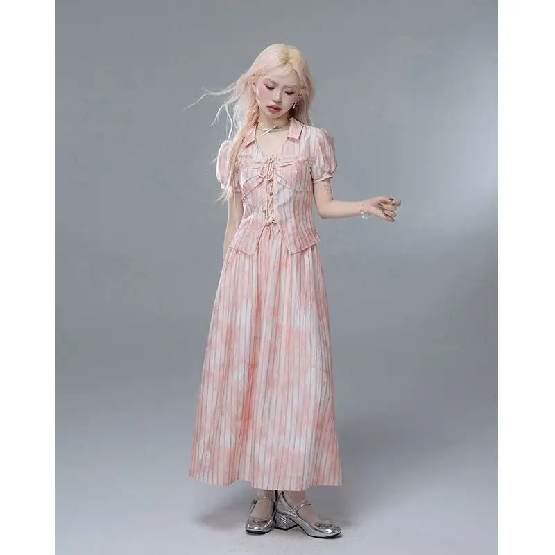 Korea Summer Pink Midi Elegant Shirt Skirt Women Ruffles V Neck Lantern Sleeve Fashionable Korean Drama Heroine Girl Group