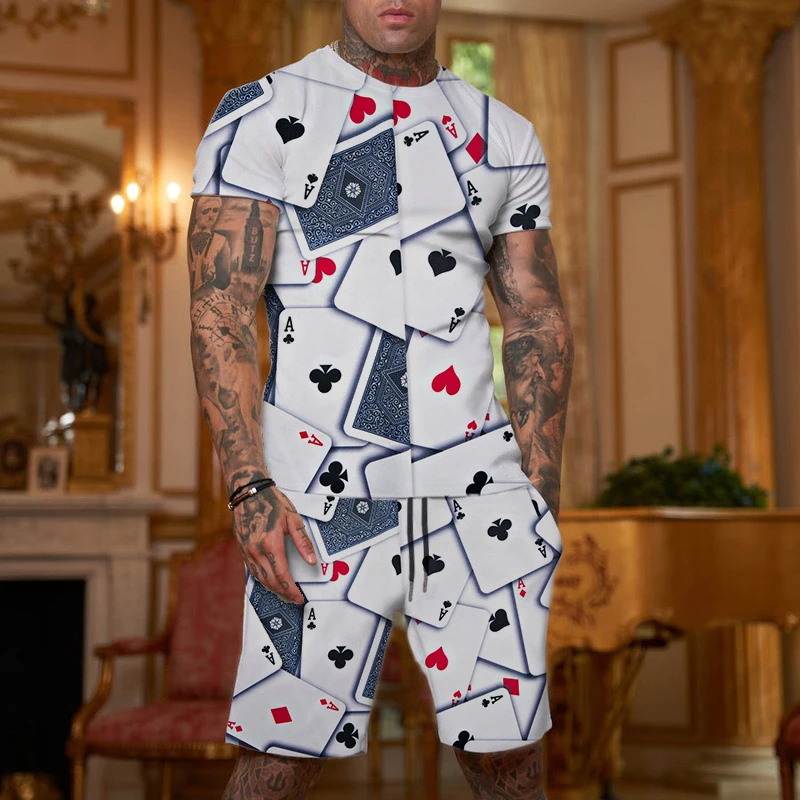 男性のズボンのトラックスーツ2個セット3Dプリント夏半袖tシャツ + ロングパンツ男性スポーツウェアストリート服