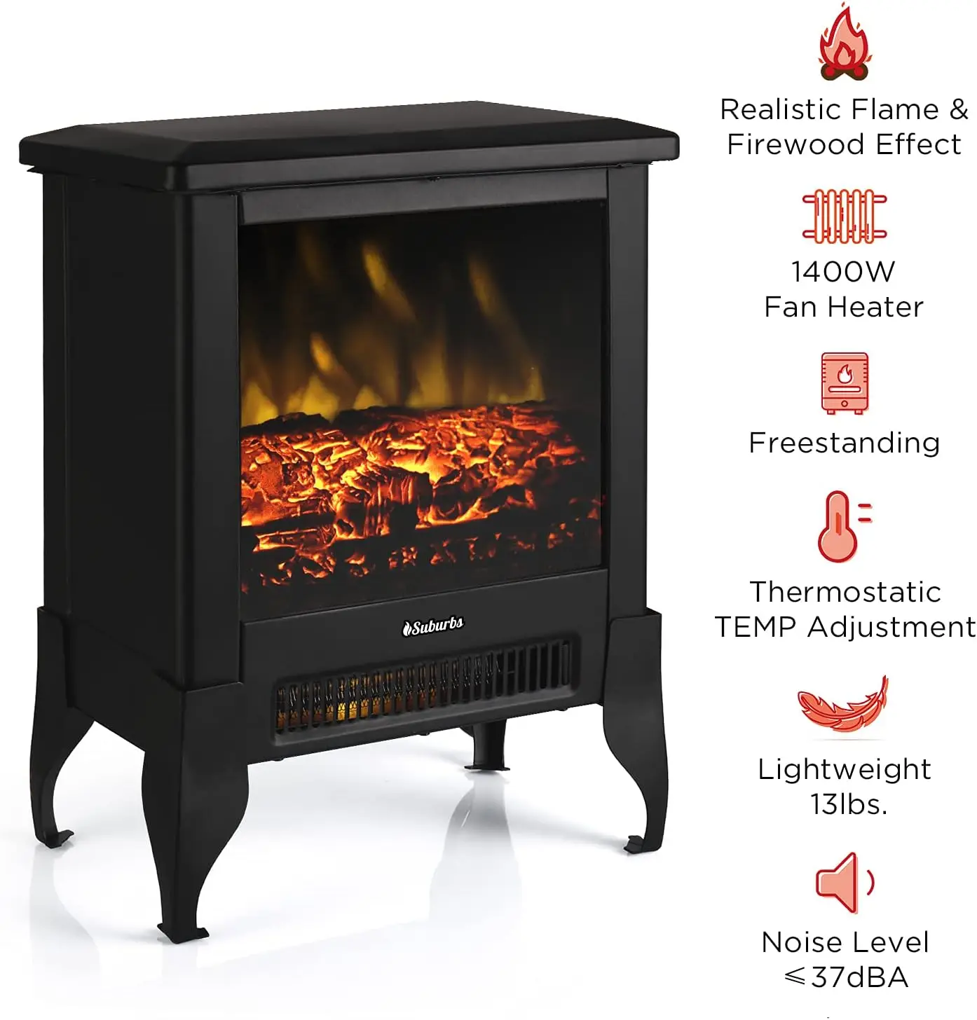 Suburbs TS17 Compact Electric Fireplace Stove, 18” Freestanding Stove Heater with Realistic Flame - CSA Certified