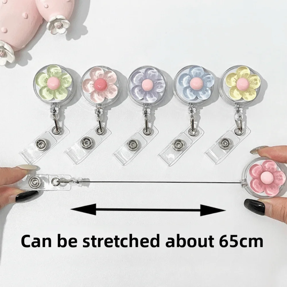 Cute Floral Badge Reel Transparent Retractable Worker ID Card Pull Buckle Durable Doctore Nurse ID Card Badge Holder Clip