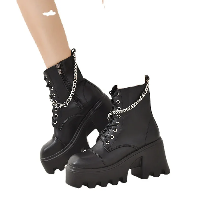 Women Autumn  Booties High Heel Large Size Square Head   Leather Women Ankle Boots Platform British Style  Boots Spring Women