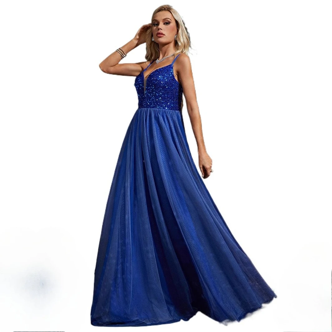 

Sexy V-neck Open Back Spaghetti Straps Sequined Long Formal Evening Dress Blue