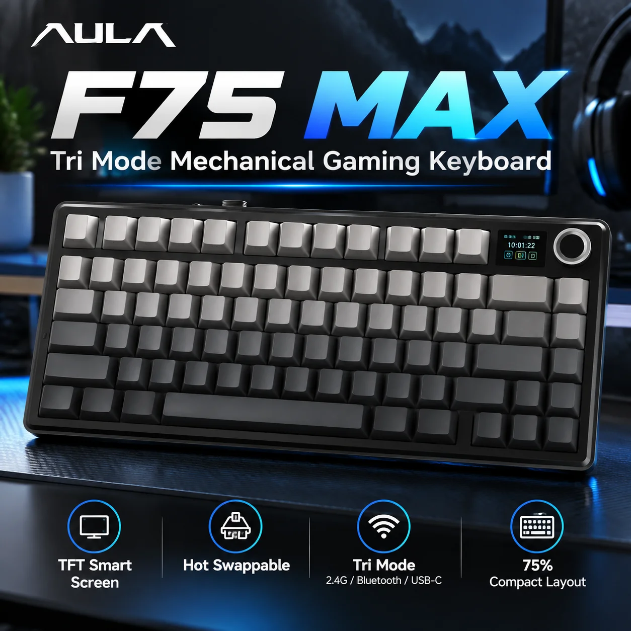 AULA F75 MAX Wireless Mechanical Keyboard 75% Compact Gaming Keyboard Bluetooth RGB Hot Swap Switch Smart Screen Knob