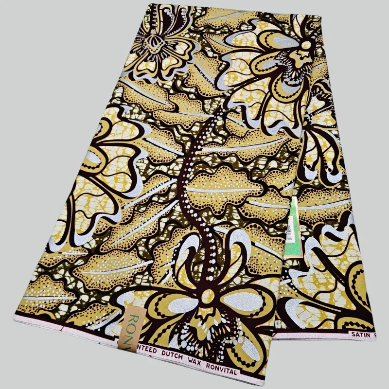 

6 ярдов длинная африканская восковая хлопчатобумажная ткань коричнево-желтая ткань батик для шитья одежды, брюк, наволочки, тюрбан R2282