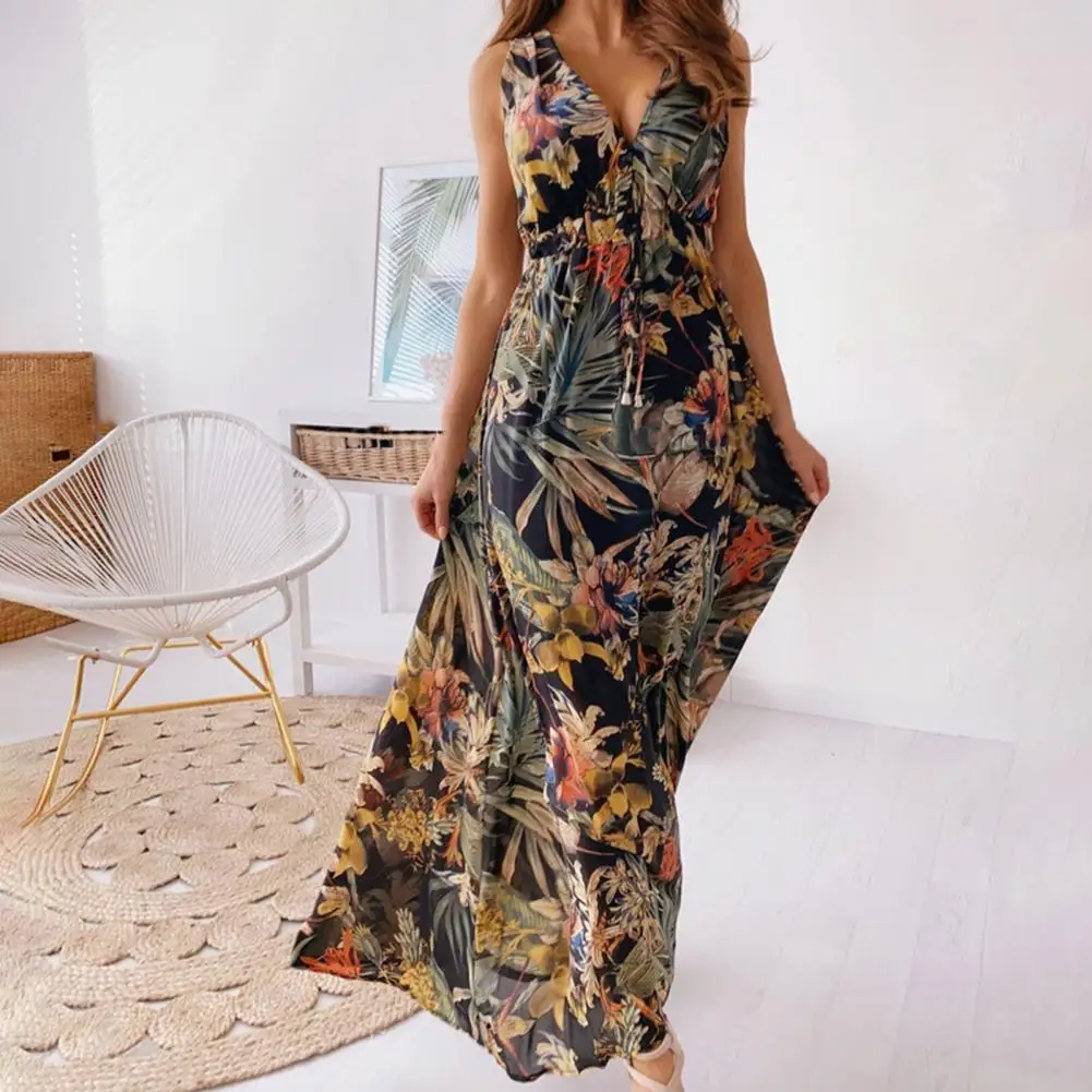 Casual Dress V Neck Pullover Backless Leaves Print Long Dress for Dating