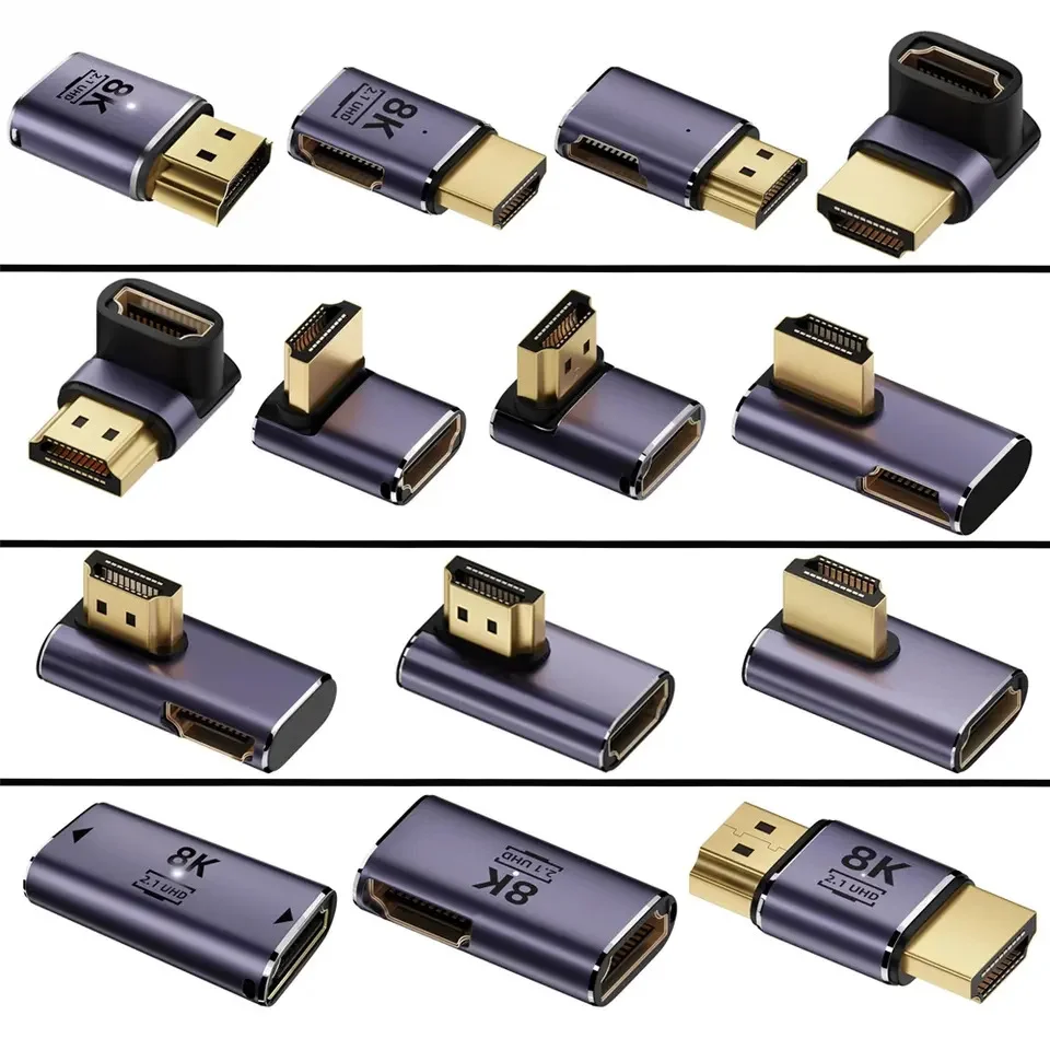 Угловой HDMI-адаптер 90 градусов (8K HDMI 2.1, штекер-гнездо) с поддержкой 8K@60Hz / 4K@120Hz HDR, передача данных 48 Гбит/с
