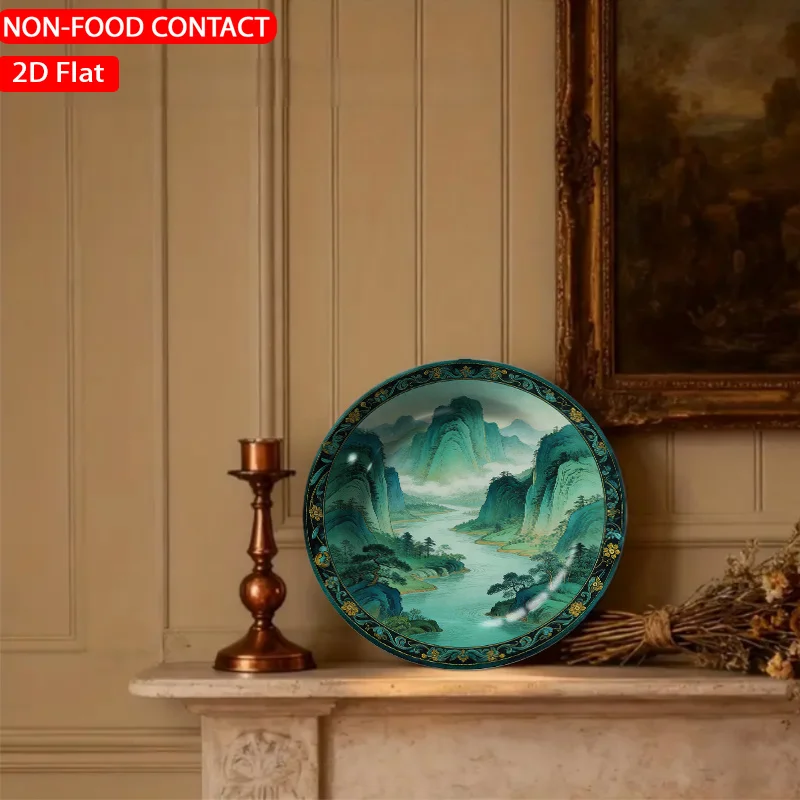 1pc Rounded Mountain River Green Ceramic Plate Non-Food Contact, Home Desk Ornaments, Living Room And Bedroom Decorations,