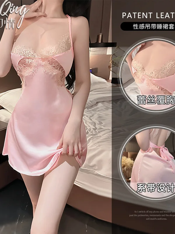 Summer Women Lace Tank Mini Dress Thin Style High Grade Ice Silk Sleepwear Strap Sexy Women Dress Elegant Korean Sweet Top 84S9