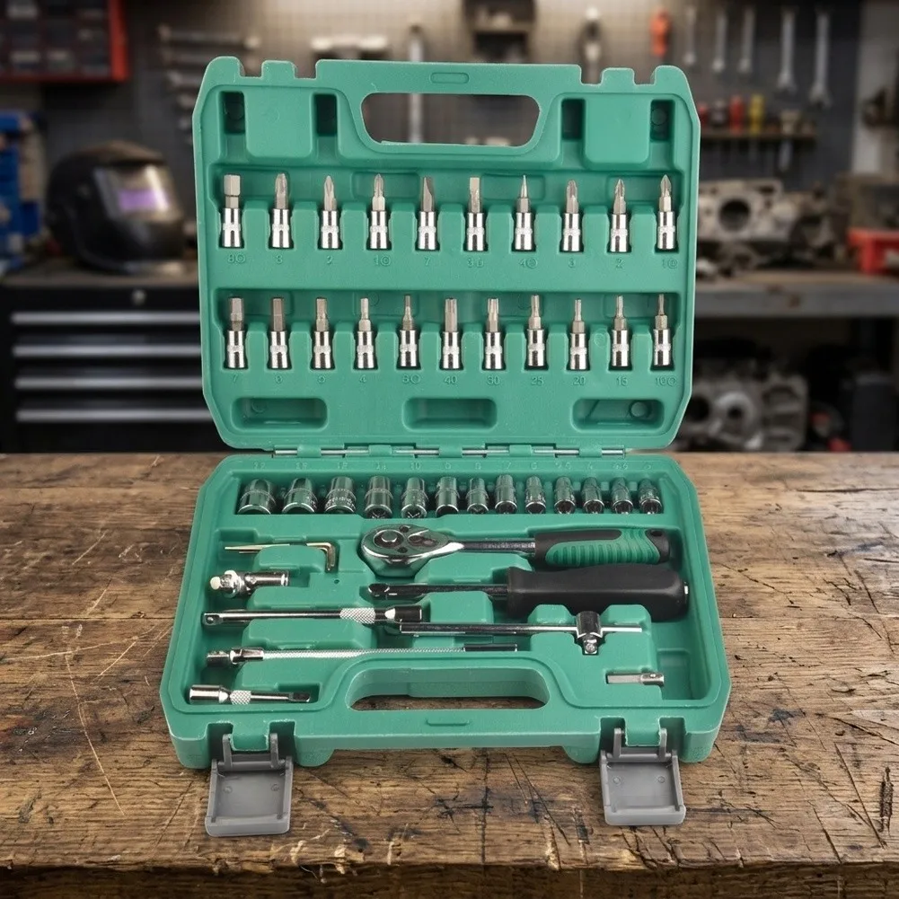 46PCS 1/4 Inch Drive Tool Set with 24 Tooth Ratchet Multi Directional Connector Extension Rods and Storage Box for Mechanics