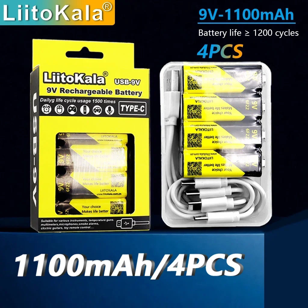 4pcs LiitoKala 9V 1100mAh Rechargeable Lithium Battery 6F22 USB Type-C for Multimeter Microphone Toy Guitar KTV Remote Control