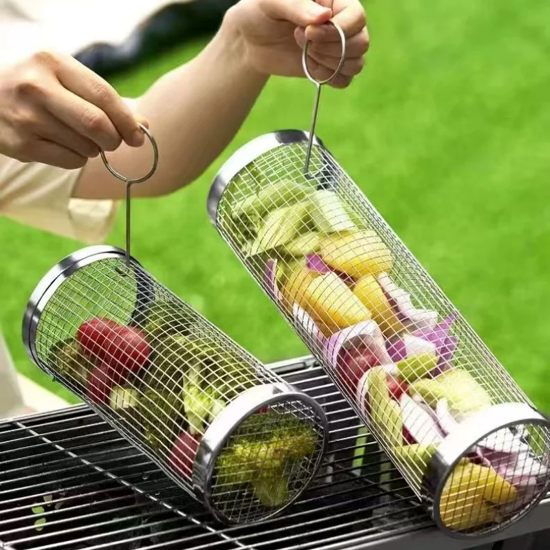 

30*9.5*9.5cm Stainless Steel BBQ Basket Outdoor Rotary Wire Mesh Grill Camping Barbecue Cookware For Meat Fish Vegetables