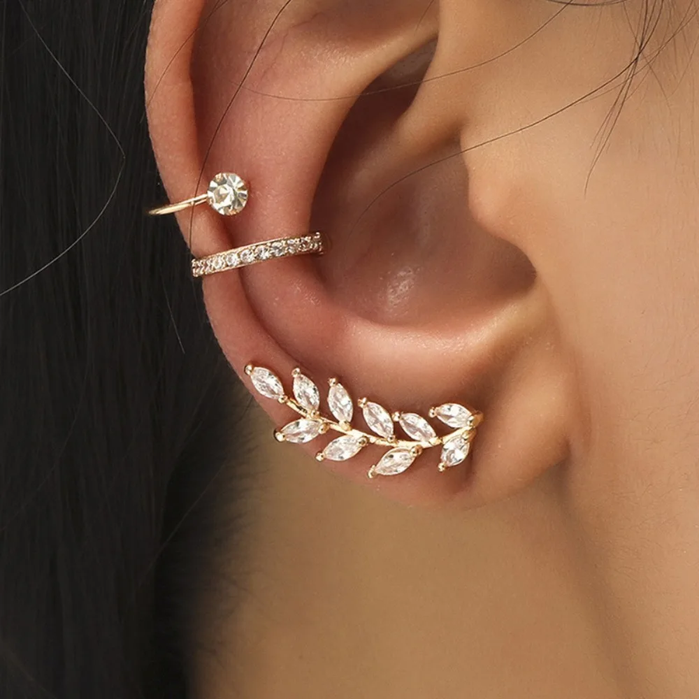 Conjunto de 3 uds de pendientes con pasador de girasol y hojas de circonitas con incrustaciones brillantes, sin Piercing en la oreja, joyería para mujer