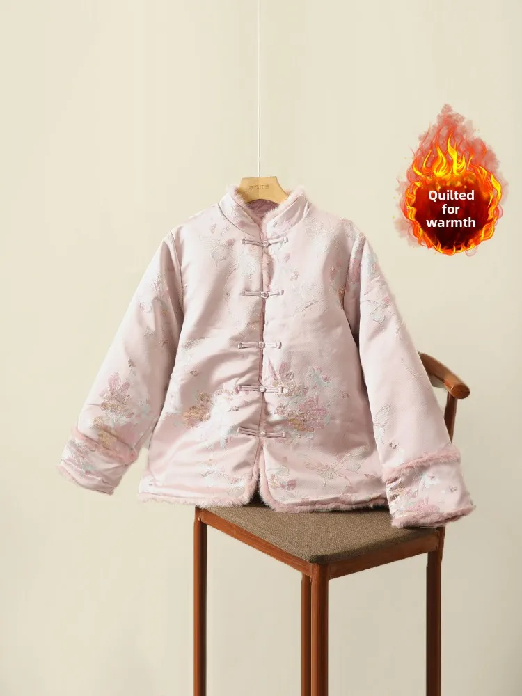 

Новое китайское хлопковое джето с вышивкой, женское теплое хлопковое пальто с воротником-стойкой в стиле пэчворк с меховой вставкой в стиле ретро, модное пальто для поездок на работу