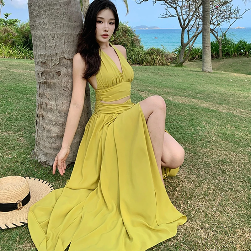 Boho Vacation Maxi Dress Summer Ladies Sexy scollo a V Backless femminile Hollow a vita alta Casual Split Beach Party Dress RObe