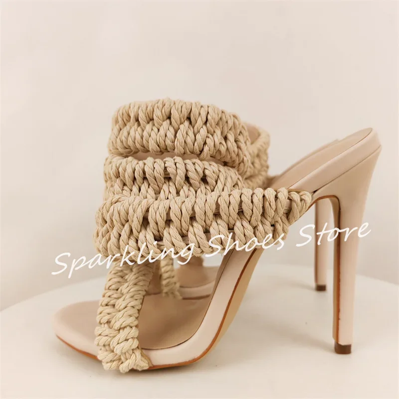 

Handamde Weaving One Strap Women Slingback Pumps Peep Toe High Heel Narrow Band Sandals Summer Ladies Dress Gladiator Shoes