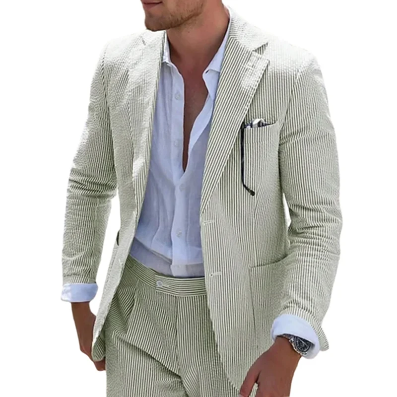 Suit Blazer Jacket Men's Striped Seersucker Suit Jacket Summer Lightweight Casual Blazer Wedding Business Formal Event Occasions