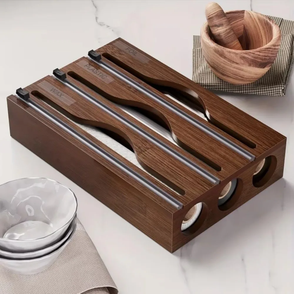 Bamboo Cling Film Cutter Box 2 /3 Grids Refillable Tin Foil Cutter Minimalist Wall Mounted Wrap Dispenser Kitchen Organizer