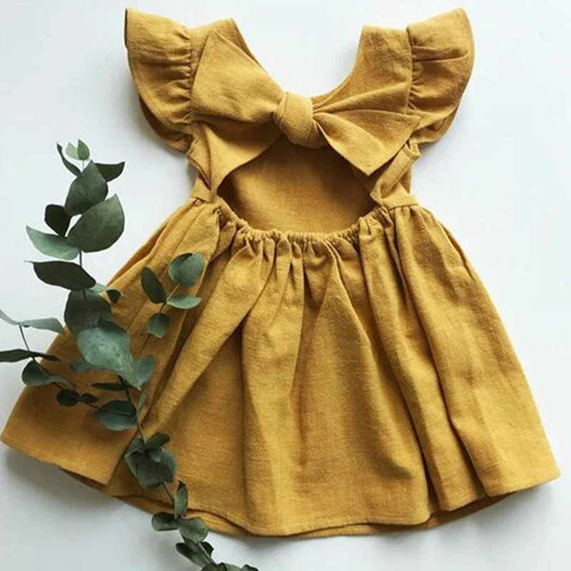 0-5Yrs Children Girls Ruffles Dress Casual Sleeveless Dress Summer Kids Girls Back Bow Clothing Outfits