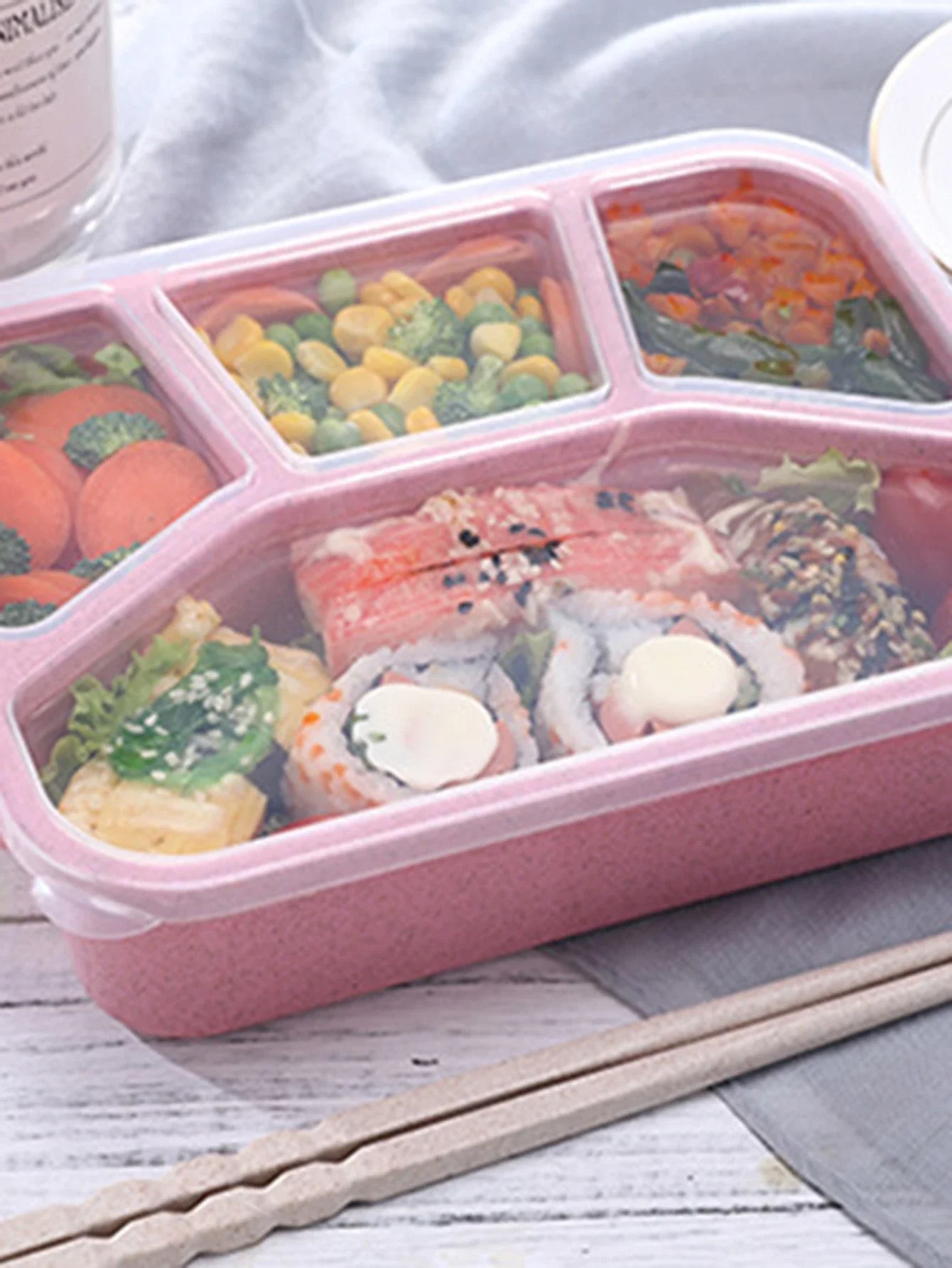 1개 밀짚 도시락통, 일본식 4칸 도시락통, 학생용 사각형 전자레인지용 식품 용기, 사무실용