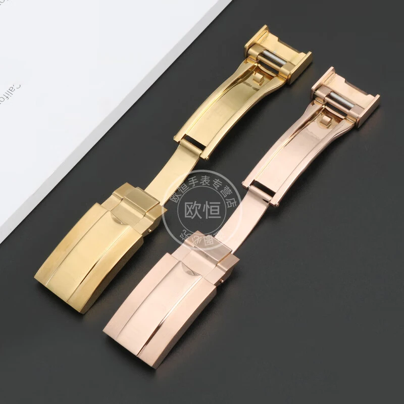 مشبك ساعة من الفولاذ المقاوم للصدأ 16 ملم لآلة رولكس الغواصة باللون الفضي والأسود والذهبي الوردي للرجال والنساء بإبزيم قابل للطي وإكسسوارات الساعة
