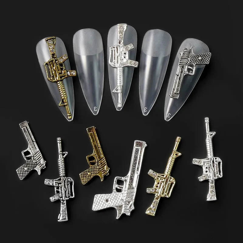 10/20PCS Gold Silver Metal Alloy Gun Shape Nail Charms 3D Pistol Submachine Gun Design Nail Parts Manicure DIY Nails Decorations