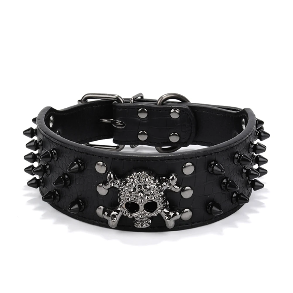 

Black Round Tack Collar Easy to Use Pet Skull Dog Spiked Rivet Simple Adjustable Fashion