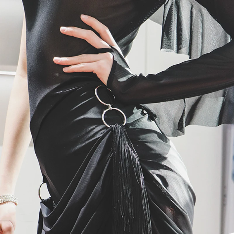 Robe de danse latine noire pour femmes, robes à franges Sexy, vêtements de spectacle de danse Rumba Tango, vêtements de danse d'entraînement latin pour adultes VDL2621