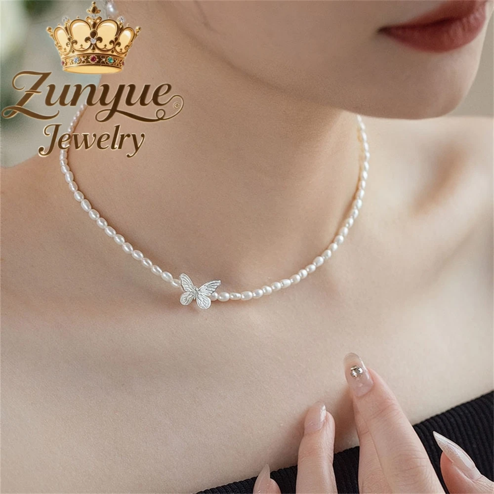 

S925 Silver Butterfly Natural Freshwater Pearl Necklace Is A Versatile And High-End Niche Collarbone Necklace Fashion Jewelry