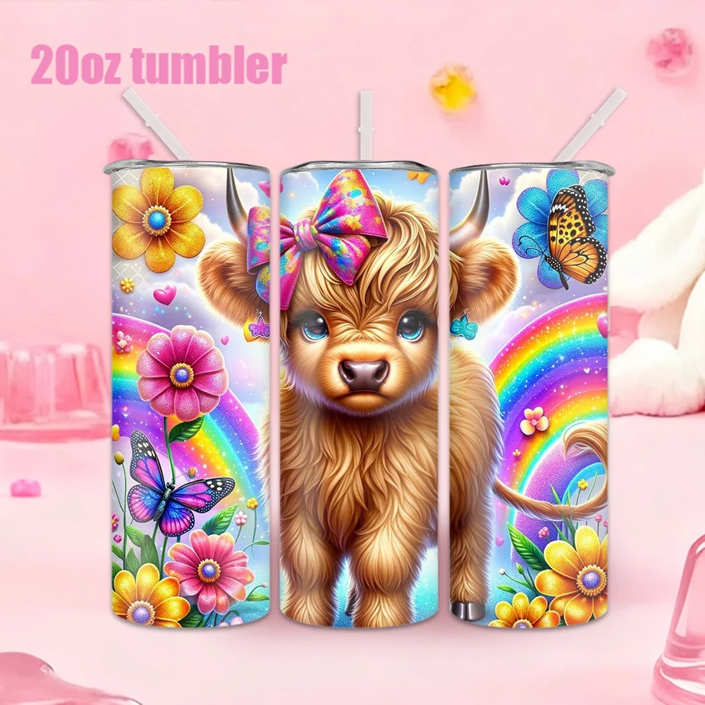 1pc Stainless Steel Water Bottle/Cup with Straw — Featuring a Cute Calf Amidst a Rainbow Flower Patch (20oz / 591ml)