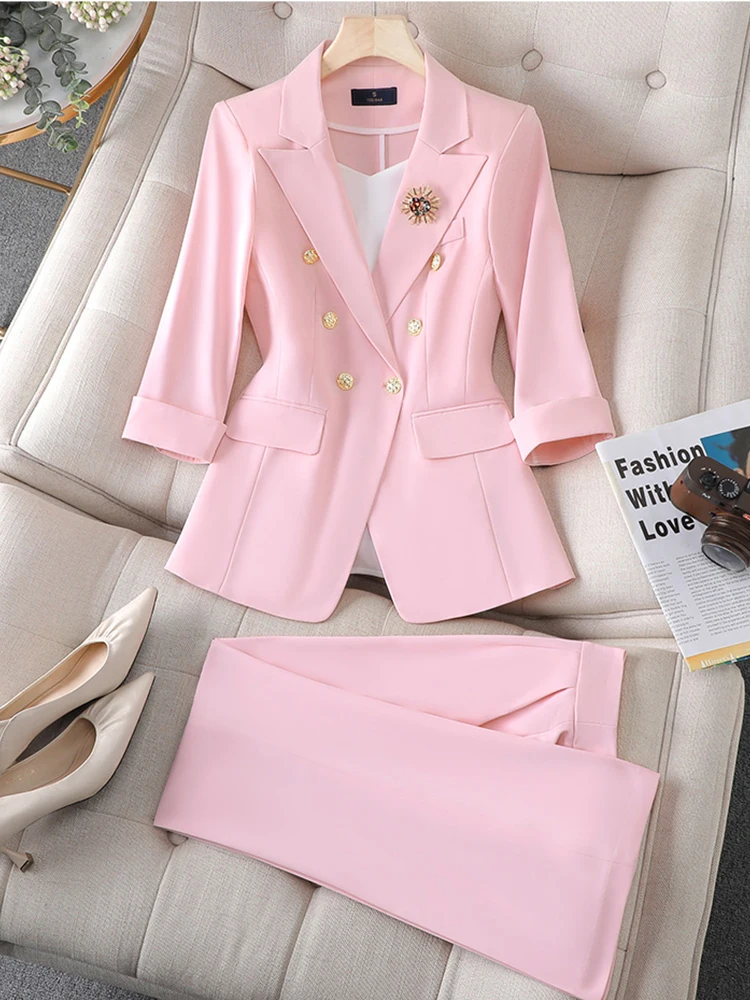 Office Lady Summer New Blazer Pants Suits 2 Piece Matching Set Women Conjunto Para Mujeres Work Wear Trousers Suits White Outfit