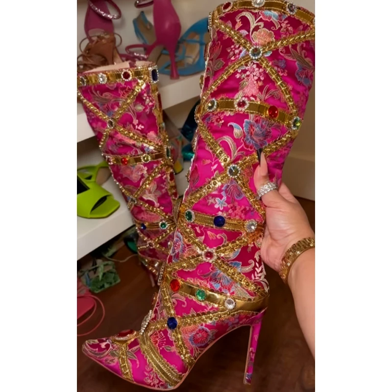 ارتفع الملونة الراين الذهب لهجات الديباج حذاء برقبة للركبة الأسود مطلية بالذهب حواف المطرزة أشار تو أحذية عالية الكعب #1