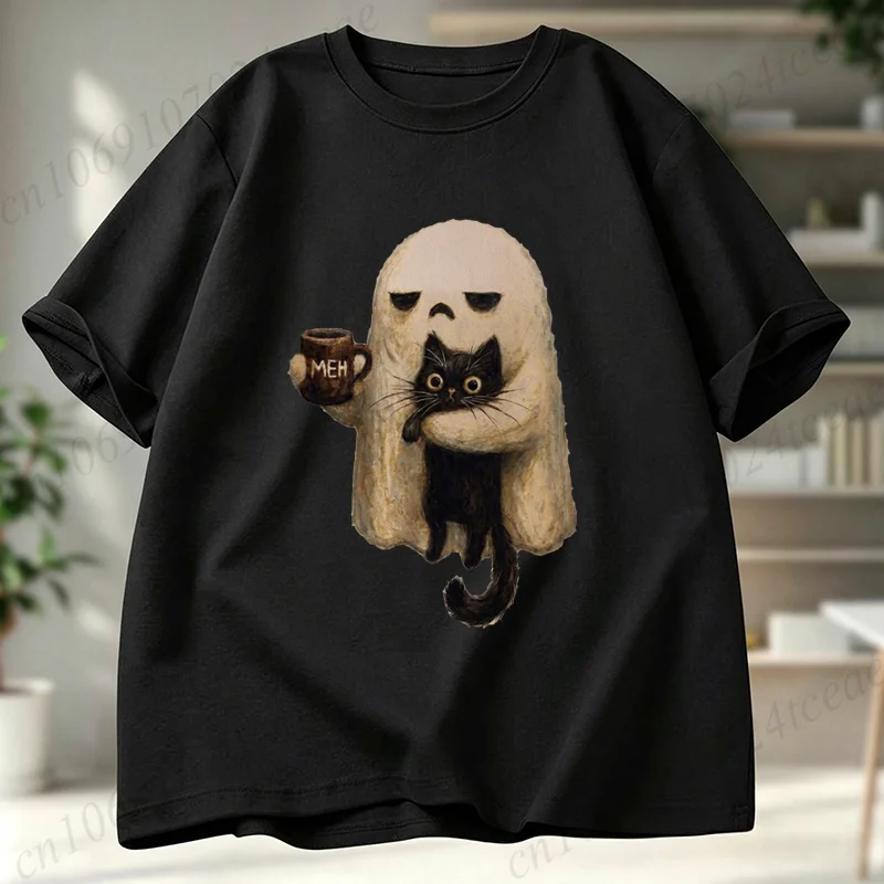 Ghost-Cat Shirt Spooky Black Cat Aesthetic Graphic Tops Women Men Short Sleeve Tees Funny Introvert Halloween Coffee Lover Gift.
