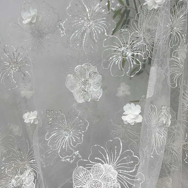 New High-end Fashion Embroidery Bead Tube Three-dimensional Decal Mesh Sequin Fabric women's Dress Fashion Wedding Fabric