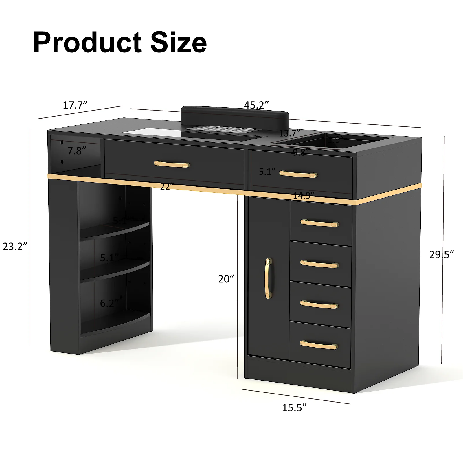 3-Tiers Open Shelves, Nail Beauty Nail Tech Table with Dust Collector, Glass Top Manicure Table Nail Desk Station W/7 Drawers