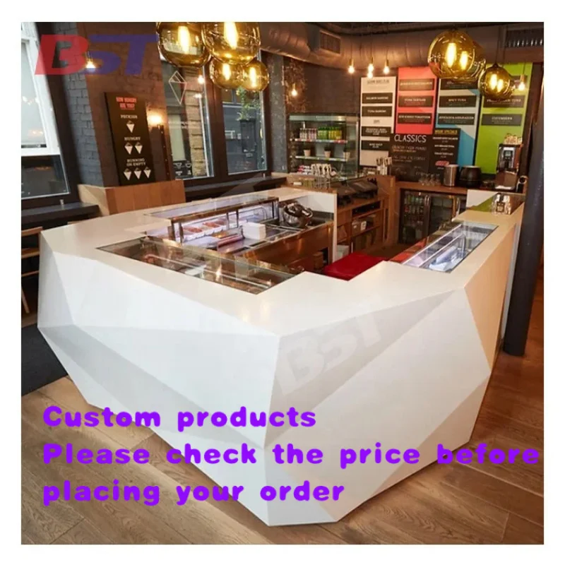 custom.High End Sushi Restaurant Bar Counter U Shape Solid Surface Salad Bar Station Bar Desk Counter