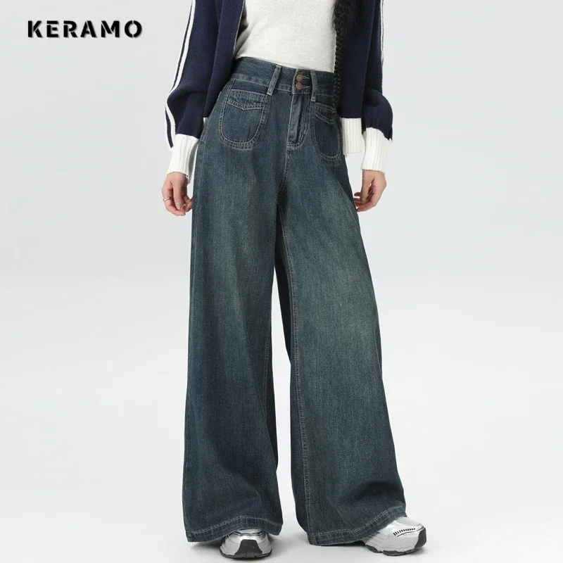 Grunge Pockets Hip-hop Street Jean American Retro High Waist Baggy Solid Pants Women's Emo Casual Y2K Washed Denim Trouser