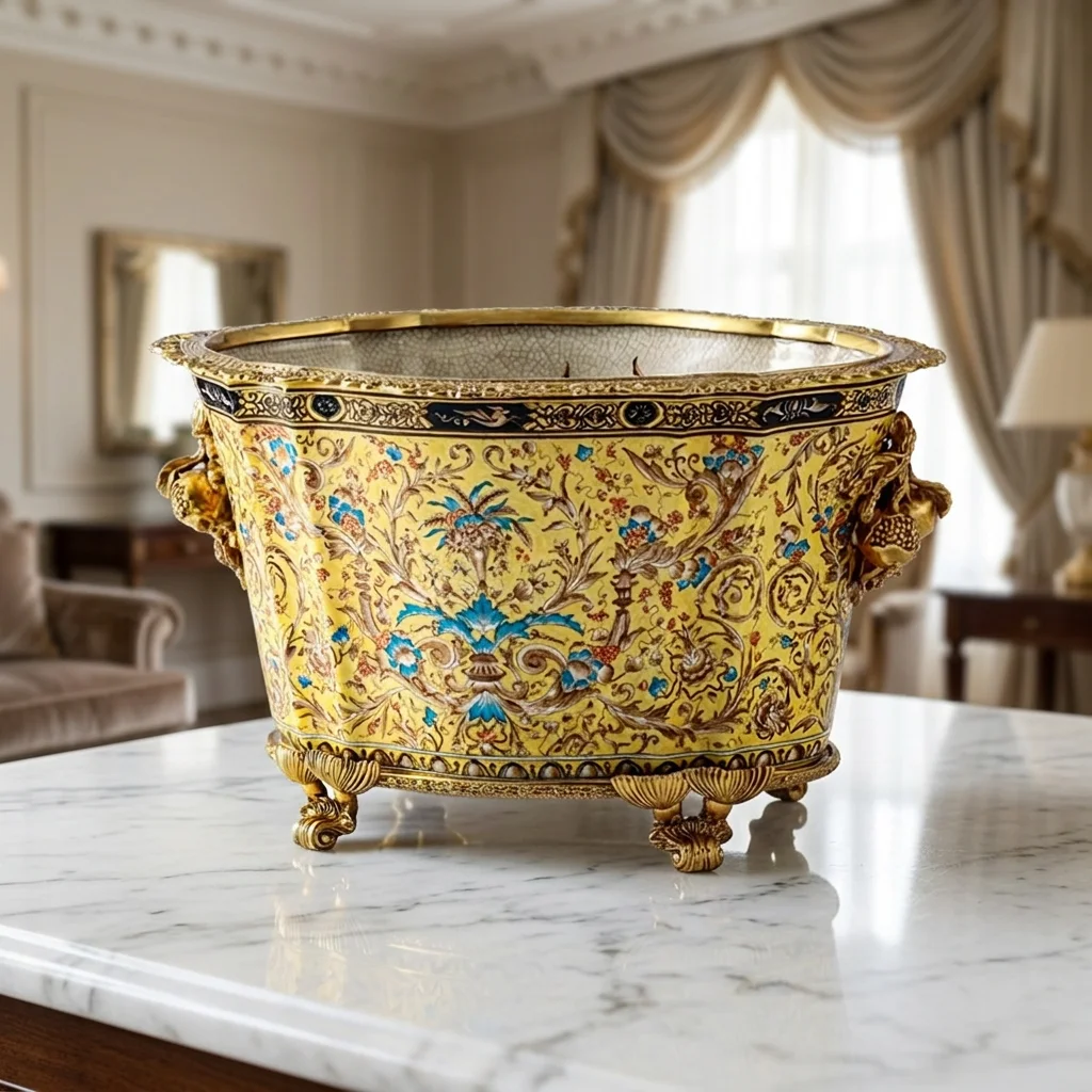 &c Antique European Art Decor Ceramic Vase Yellow Tabletop Home Decoration Also Serves As an Ice Bucket