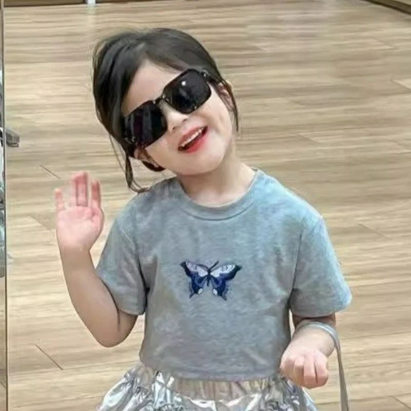 Kids Embroidered Butterfly T-shirt 2025 Summer Soft Cotton Short Sleeve Top Modern Gray Trendy Essential Daily Wear