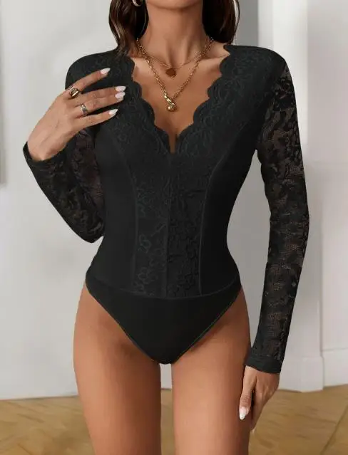 

Autumn Winter Blouses New Fashion 2025 Casual Bodysuit Top Sexy Solid Color Long Sleeved V-Neck Lace Jumpsuit