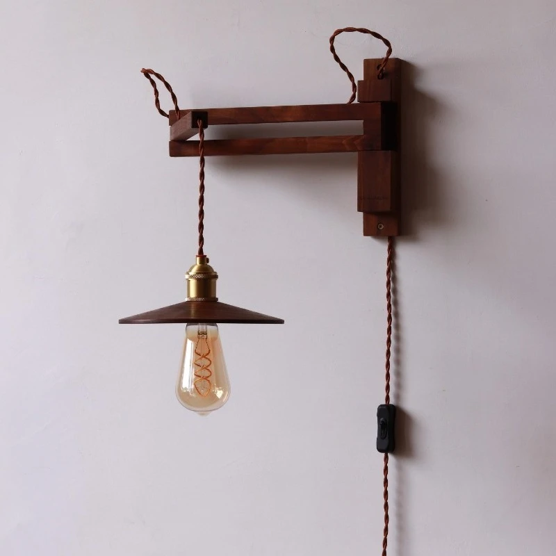 

LED Iron Art Wall Lamp Japanese Solid Wood Bedroom Bedside Lamp Nordic Retro Folding Rocker Arm Homestay Restaurant Aisle Lights
