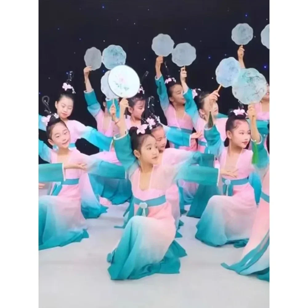 Chiński strój Hanfu nowy dziecięcy klasyczny kostium sceniczny taniec z parasolem etniczne dziewczynki Yangko odzież taniec z wachlarzem