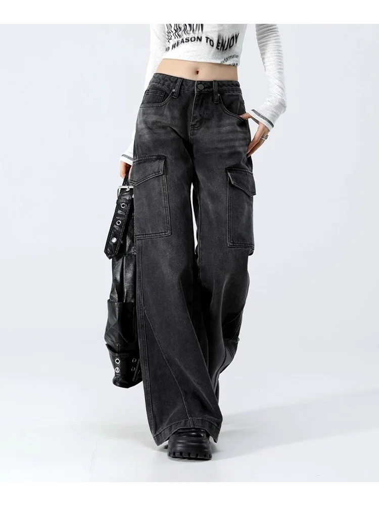 

Women's Black Gothic Casual Pants Jeans Cargo Baggy Y2K American Harajuku 2000S Aesthetic Vintage Jeans Trousers Clothing 2025